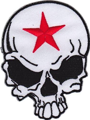 Iron on Patch Sew on Embroidered Application Cool Skull with Red Star Biker MC