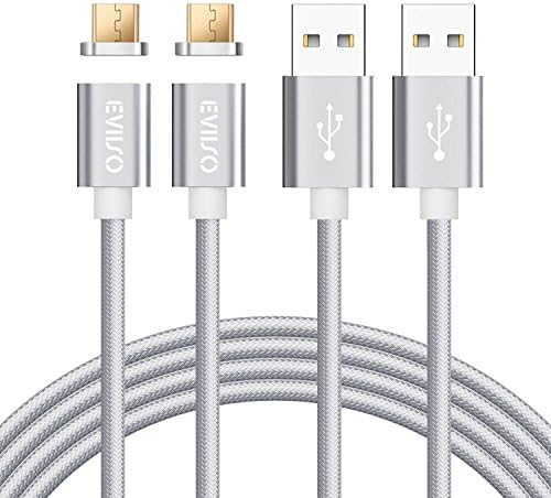 Magnetic Cable Magnet Micro USB Charger Cable, EVIISO Android 2.4A High Speed USB Charging Sync Cord with Micro USB Magnetic Adapter Nylon Braided for Samsung Galaxy S6 S7,Huawei,Nexus,LG,Sony,PS4 [2 Pack 1M Silver]