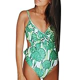 JMETRIC Damen Tropical Printed Badeanzug Gekräuselten Einteiligen Strandbikini(Grün,S)