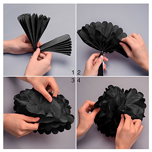 Outus 6 Stück Pom Poms Tissue-Papier Papierblumen und 6 Stück Papier Laternen Weiß Schwarz Gold mit Weißen Band für Party Geburtstag Dekoration - 5