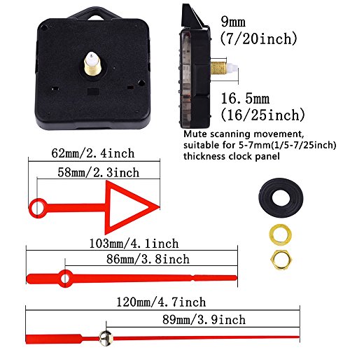 Mudder Quarzuhrwerk Mechanismus DIY Reparaturwerkzeug Kit mit dreieckigen roten Zeigern, 3/25 Zoll Maximaldialdicke, 1/2 Zoll Gesamtwellenlänge - 2