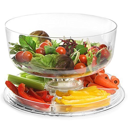 Preisvergleich Produktbild 6 in 1 Multifunktioneller Kuchenbehälter Kuchenaussteller mit Abdeck-Kuppel / Kuchenkuppel, Punchschüssel, Salatschüssel, Server Chip & Dip , Servieraussteller, Abdeck Kuppel für Lebensmittel aus Glas!