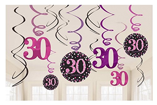 Dekoration zum 30.Geburtstag Swirl-Set 12 Stück Folienspiralen zum Aufhängen pink rosa glitter
