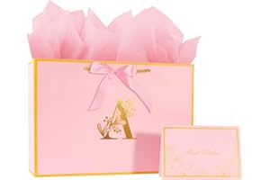DIMETEY 12.6Inch Large Pink Letter Gift Bag with gift Card and Tissue Paper for Girl Women's Birthday,Valentine's Day, Thank You,Christmas,Any Occation (Pink A)
