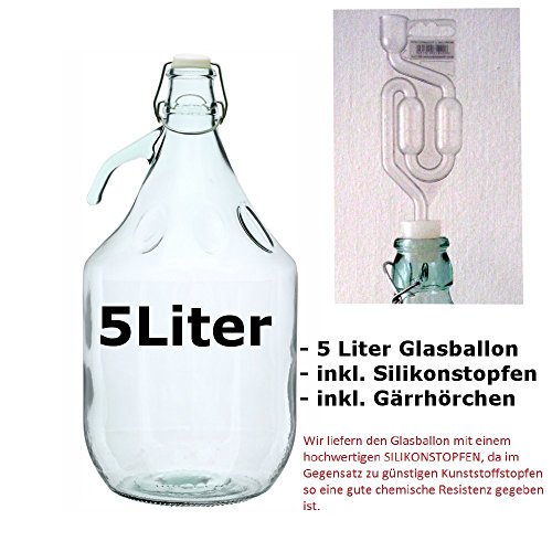 Glasballon 5 Liter mit Bügelverschluss und Gäraufsatz - neues Modell! 5L Weinballon / Gärballon