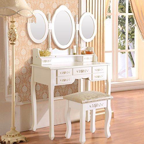 examen UEnjoy Coiffeuse Table de Maquillage Blanche avec Tabouret, 7 Tiroirs et 3 Miroirs Ovale Maison de Campagne