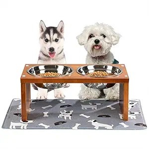Yangbaga Elevated Dog Bowls, Raised Dog Bowls with Stainless Steel Dog Bowls, Came with Anti-Slip Feet for The Stand and Noise Preventing Bulges for Bowls (17.6 9.2 7.2 in)