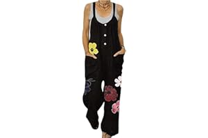 Dawwoti Women's Loose Dungarees Overalls Sleeveless Jumpsuit Button Playsuit Floral Trousers