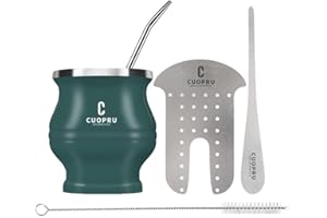 Cuopru Juego de taza y juego de yerba mate de acero inoxidable, 6.7 onzas, verde militar, diseño moderno