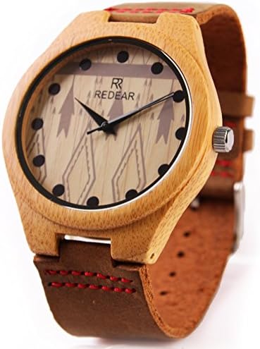 RedearUnisex Handmade Natural Bamboo Wooden Watch with Genuine Brown Leather Strap Japanese Quartz Movement Casual Watches