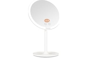 Auxmir Makeup Mirror with Light, Cosmetic Mirror with 10X Magnification, 90° Rotation Illuminated LED Table Mirror, 3 Light Colors & Dimmable Brightness, Rechargeable Vanity Mirror on Stand
