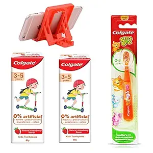 Colgate Kids 0-2 Years Multicolor Toothbrush Multicolor + Colgate Toothpaste for Kids (3-5 Years) Natural Fruit Flavur, 0% Artificial - 80 g (Pack of 2) + Free Mobile Holder