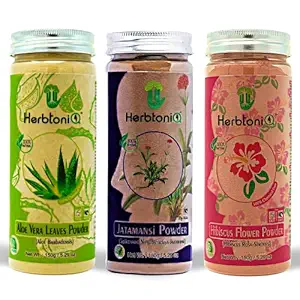 HerbtoniQ 100% Organic Natural Aloevera Leaves Powder 150g, Jatamansi Powder 150g And Hibiscus Flower Powder 150g For Hair Pack (Pack Of 3)