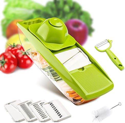 Mandoline Slicer - 5 in 1 Multi-function Food Slicer Vegetable choppers Fruit and Cheese Cutter with 5 Interchangeable Blades and Safety Food Holder, Best for Carrot, Cucumber, Cheese, Onions, Tomato, Potato