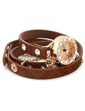 PromiseU Damen-Armbanduhr, Leder-Armband, Strass, mit Kette, Quarz  braun