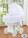 TEDDY BEAR WHITE WICKER CRIB MOSES BASKET BASSINET WITH HOOD SOLID WHITE WOOD BASE AND WHITE/CREAM BEDDING