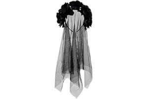 HAAS TRADING® Womens Black Flower Headband With Veil - Ladies Dark Roses Hairband Gothic Bride Veil Day of the Dead Halloween Fancy Dress Flowery Headwear Accessories Costume