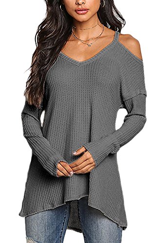 YOINS Femmes Pull Sweater Col V en Tricot Épaules dénudées Pullover Top Blouse Chemise Manche Longue Chandail Lâche Gris Foncé S