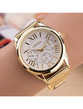 Schöne Uhren, Luxus genf Mode Frauen Damenuhren Goldedelstahlstehbolzen römischen Ziffern analoge Quarz-Armbanduhr