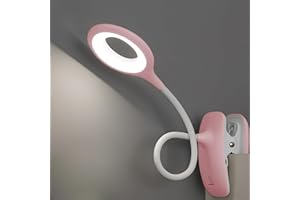 QJUZO Lampada con Pinza, Lampada da Lettura Libro Letto, Ricaricabile USB, Lampada da Scrivania Senza Fili Per Bambini, 3 Colori e Dimmerabile, Collo Flessibile, Per Studio e Lavoro, Rosa