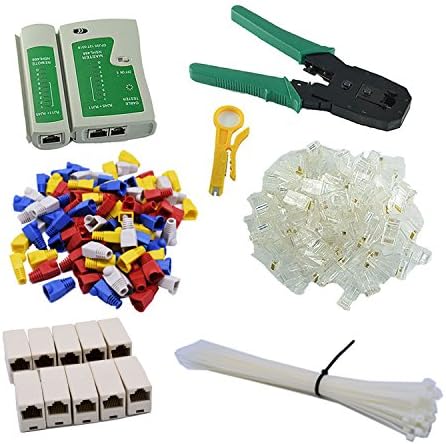 Buynew- 7 in 1 Cable Tester +Crimping Plier Crimper + Wire Stripper +100 Rj45 Cat5 Cat5e Connector Plug +100 Connector Boots Plug Cover + 50 8" Cable Ties +10 Ethernet Connector Network Tool Kits