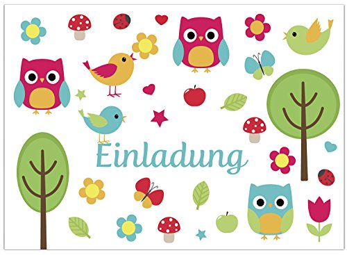 16 Einladungskarten zum Kindergeburtstag - Motiv Eulen - für Kinder, Jungen, Mädchen, Party Feier Geburtstagseinladungen im Set