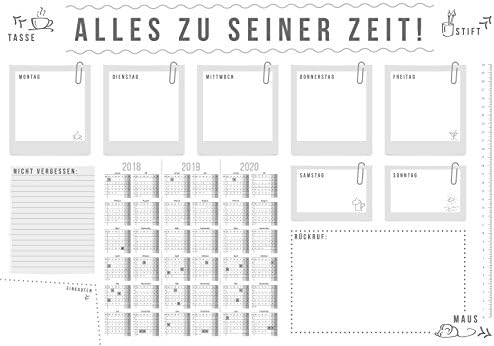1 Piece Desk Pad "Alles zu seiner Zeit" with Calendar, Measuring Tape, Stationery, Mat, Pad, Drawing Pad, Note from Monday to Sunday Call List, Shopping List Blocked 40 Pages Grey Cardboard, A2 [German Language]