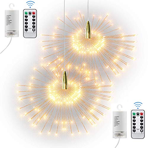 Preisvergleich Produktbild Feuerwerk Lichterkette 200 LED, Hängend Starburst Kupfer Draht Lichter, Wasserdicht, Batterie Betrieben mit Fernbedienung Steuerung, 8 Modi funkeln, zum Innen, Draussen, Garten, Party Dekoration