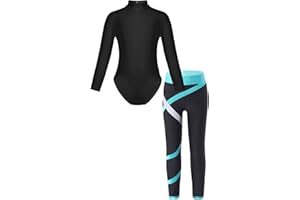 TiaoBug Mädchen Langarm Turnanzug Gymnastikanzug mit Sport Leggings Turnhose Zweiteiler Ballett Tanz Anzug Ganzkörper Leotard