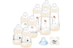 MAM Biberon Set Neonato con 8 biberon anticolica Easy Start, 1 Ciuccio Original Start, 1 Beccuccio extra morbido e 1 Manico, Accessori neonati per ridurre bolle d'aria e il rischio di coliche, Neutro