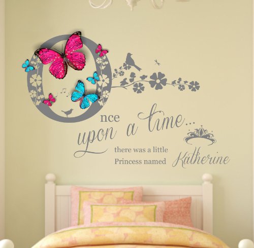 Personalised Name, 3D Butterflies Princess, Wall Art Sticker Nursery Girls, Kids (Silver)
