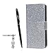 Produktbild Samsung Galaxy A7 ( 2017 ) Hülle, Samsung Galaxy A7 ( 2017 ) Schutzhülle, Alfort 3 in 1 Lederhülle Bling Glitter Fashion Design Premium PU Leder Hohe Qualität Tasche Case Cover Kasten Abdeckung Wallet für Samsung Galaxy A7 ( 2017 ) 5.7" Smartphone Funktion Standfunktion Unterstützte Telefone und Magnetverschluss ( Silbrig ) + Alfort Schwarz Stylus Pen + Netter Staub Stecker