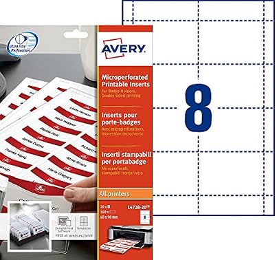 Avery 160 Inserts Badges Microperforés - 60x90mm - Impression Laser, Jet d'Encre - Blanc (L4728)
