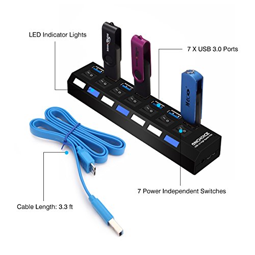 ONCHOICE USB 3.0 Datenhub 7 Ports Mit 100cm USB Kabel Ultralight Verteiler Schwarz mit Diagnose LED Superspeed Anzeige Unterstützt Hot Plugin bzw Plug & Play mit Energiespar Schalter für PC Laptop Notebook Computer Windows MAC(EUR Power Adapter nicht im Lieferumfang enthalten) - 5