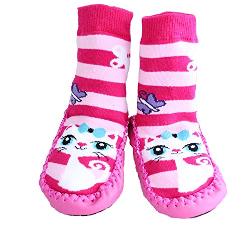 Baby Girl Toddlers Kids Indoor Slippers Shoes Socks Moccasins NON SKID PINK STRIPED KITTY CAT (9-18 MTHS)