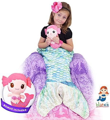 Blankii Kids Mermaid Tail Blanket Soft Minky Fleece with Blue And Green Scales And Mia the Doll For Twice The Fun! (Doll color may vary)