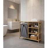 %100 Doğal Bambu 3 Raflı Yan &Uuml;niteli Kirli &Ccedil;amaşır Sepeti ve Banyo Dolabı