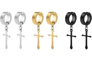JYTDBCS Non-Pierced Clip On Cross Dangle Drop Hoop Hinged Earrings Set for Men Women No Piercing Ear Plug Jewelry,non piercing cross earring,clip on cross earring﻿3 pairs