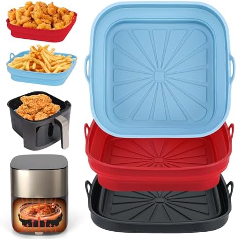 Alyvisun Teglie in Silicone per Friggitrice ad Aria, 3 Pezzi Teglia Cestello per Air Fryer Contenitori Riutilizzabile Quadrato Tappetino Stampi Per Airfryer, Microonde, Forno (Rosso+Nero+Azzurro)