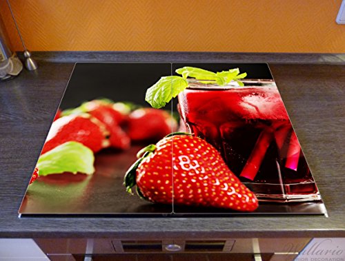 Wallario Herdabdeckplatte / Spritzschutz aus Glas, 2-teilig, 60x52cm, für Ceran- und Induktionsherde, Erdbeer-Mojito – Frische Erdbeeren - 2
