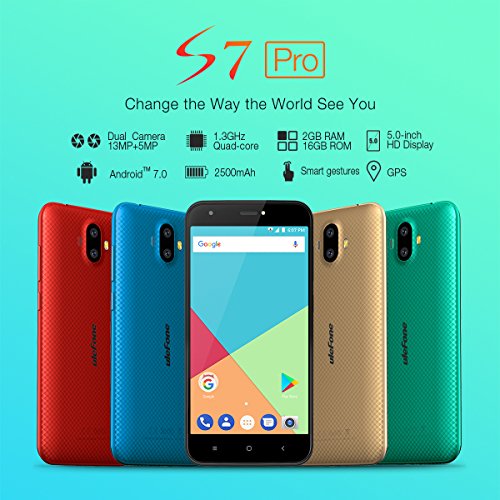 Ulefone S7 Smartphone ohne Vertrag (5 Zoll HD Display, Quad-Core Prozessor, 2 GB RAM, 16 GB Speicher, Dual-Hinterkameras, Dual SIM(Micro-Sim), Android 7.0, GPS) rot