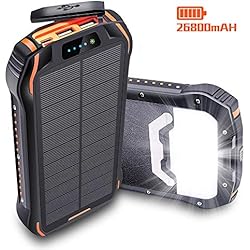 Batterie Externe Solaire 26800mAh IPX6 Chargeur Solaire 3 Ports 3.1A(USB/Type-C) 3 Entrées(USB/Type-C/Panneaux Solaire) LED & Corde Suspendue, Power Bank Solaire pour iPhone Samsung Huawei, etc