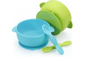 PandaEar Silikonowa Miska dla Niemowląt, 2 Sztuki, Przyssawka z 2 Łyżeczkami, Duża, Miękka, Bez BPA, Niebiesko-Zielona