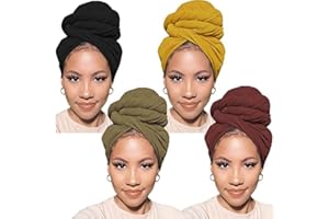 XTREND 4 Pieces Stretch Head Wrap Hair Scarf Headband Jersey Turban Knit Headwraps Urban Hair Wrap Solid Color Ultra Soft Extra Long Breathable Tie for Women(Black,Coffee Army,green,Turmeric)