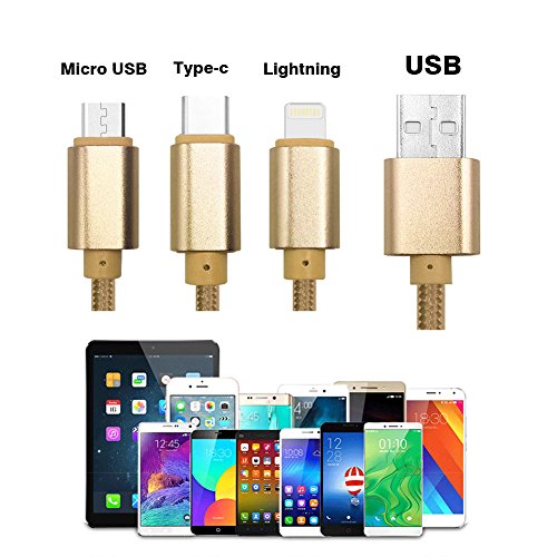 Multi USB Kabel, 4ft /1.24m Nylon geflochten 3 in 1 USB Ladekabel Adapter Stecker mit 8 Pin Lightning / Type C / Micro USB für iPhone 6s, 6, 6 Plus, 5 / 5S / 5C, Galaxy S2, 3, 4, Nexus 6P , 5X und mehr Smartphones(Gold) - 4