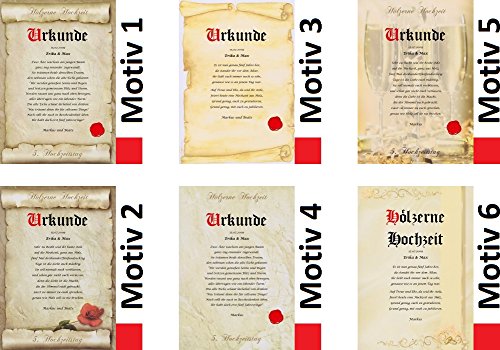 Hölzerne Hochzeit Urkunde persönliche Geschenk Karte zum 5. Hochzeitstag Pergament div. A4 Papier Motive - 8