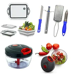 SELLING TOWN Combo of Vegetable Chopper with 3 Blades (350 ml) (Multicolor) & 3 in 1 Chopping Board & Stainless Steel Kitchen Lighter, Knife, Peeler and Smooth Grater Set