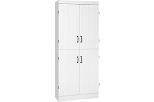 HOMCOM 4-Door Tall Kitchen Cupboard, Freestanding 6-Tier Storage Cabinet with 2 Adjustable Shelves for Living Room, Dining Room, White