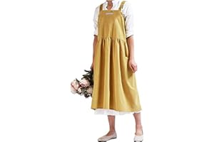 Gaf Nuncew Delantal de Mujer Japonesa de algodón y Lino con Tirantes Cruzados Babero Color sólido algodón Vintage Delantal de Cocina con 2 Bolsillos para Chef jardinería Florista
