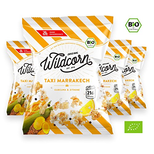 Wildcorn - salziges Popcorn - Kurkuma Zitrone (4x50g) | gesunder Snack | leckere Alternative zu Chips | Superfood für Büro, Unterwegs, Kino | vegan | 100% Bio | ohne Zuckerzusatz | glutenfrei | Healthy Food | Taxi Marrakech